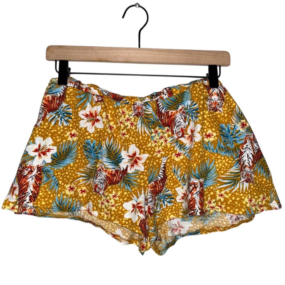 Tiger Hibiscus Flower Palm Leaf Print Cookie Cutter Cotton Short‎ (Booty) Shorts